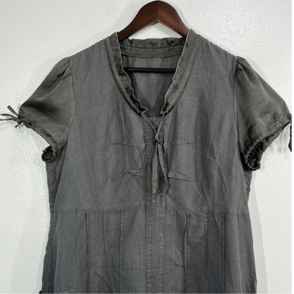 Kalinka Belarus 100% Linen  Dress Size L Gray Ruffle Neck Puff Sleeve Bubble Hem - Picture 4 of 11